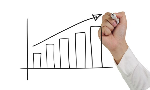 Imagen conceptual motivacional de una mano sosteniendo un marcador y dibujar un gráfico aislado en blanco