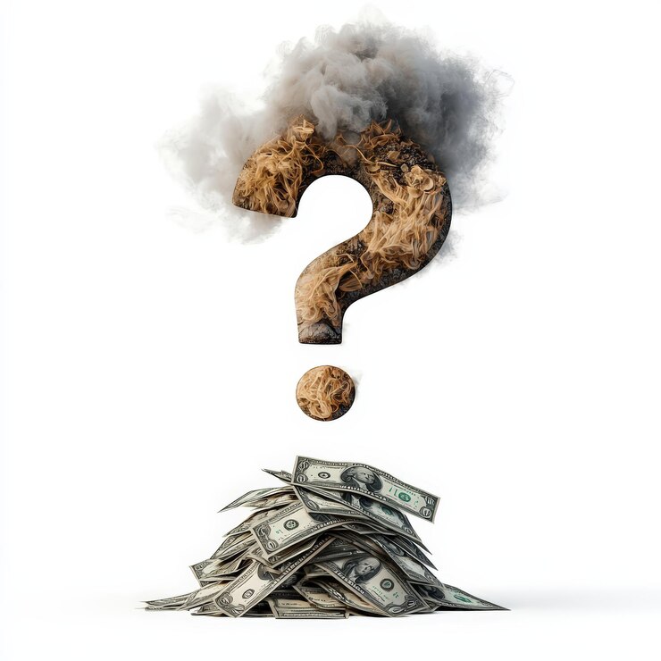 Una imagen conceptual con una pila de dinero y un signo de pregunta humeante que simboliza la incertidumbre en las finanzas