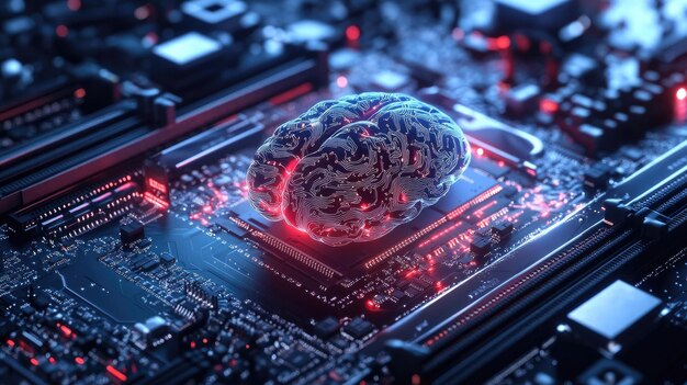 Una imagen conceptual de una placa base con elementos de tecnología cerebral que muestra un potente chipset y soporte para procesadores de 12a núcleo que representan IA y juegos