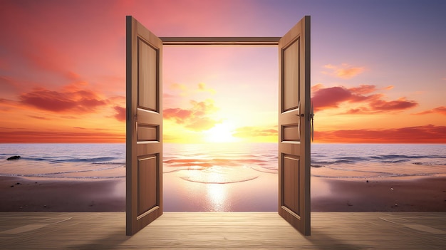 Foto imagen conceptual de una puerta abierta que conduce al mar al atardecer