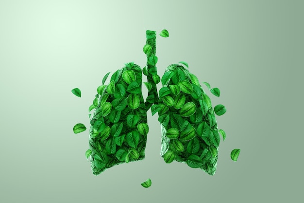 Imagen conceptual pulmones humanos hechos de hojas verdes árboles pulmones del planeta aliento fresco ecología energía limpia diseño moderno estilo de revista Espacio de copia Ilustración 3D Representación 3D