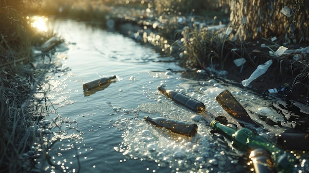 imagen conceptual que ilustra la contaminación del agua con botellas flotando en un río