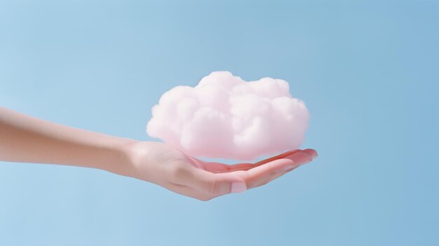 Foto una imagen conceptual que representa una mano sosteniendo suavemente una nube rosada esponjosa contra un cielo azul claro