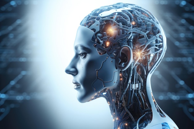 Una imagen conceptual simbólica de la tecnología de IA fusionada con un cerebro de robot humano por IA generativa