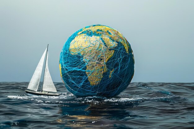 Imagen conceptual de un velero navegando cerca de un gran globo en el agua del océano que representa el viaje global