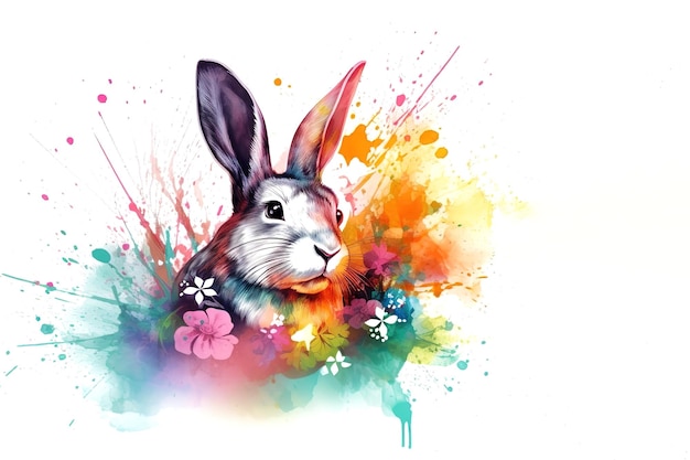 Imagen de un conejo colorido con hermosos colores y flores sobre un fondo blanco Animales salvajes