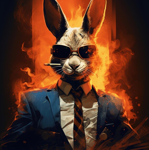 una imagen de un conejo con gafas de sol y un traje con corbata.