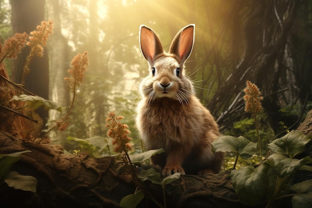 Imagen de conejo marrón en el bosque fértil Vida silvestre Animales Naturaleza Ilustración Generativa AI