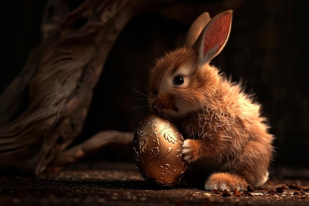 Imagen de un conejo pequeño y lindo sosteniendo un huevo