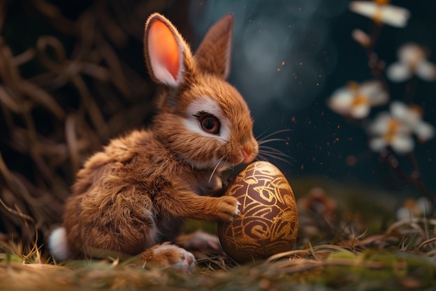 Imagen de un conejo pequeño y lindo sosteniendo un huevo