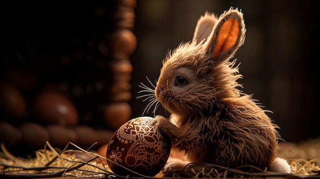 Imagen de un conejo pequeño y lindo sosteniendo un huevo