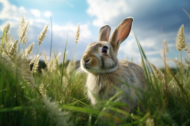 Una imagen de un conejo sentado en un campo de hierba alta Esta imagen se puede usar para representar la naturaleza, la vida silvestre, los animales o la paz