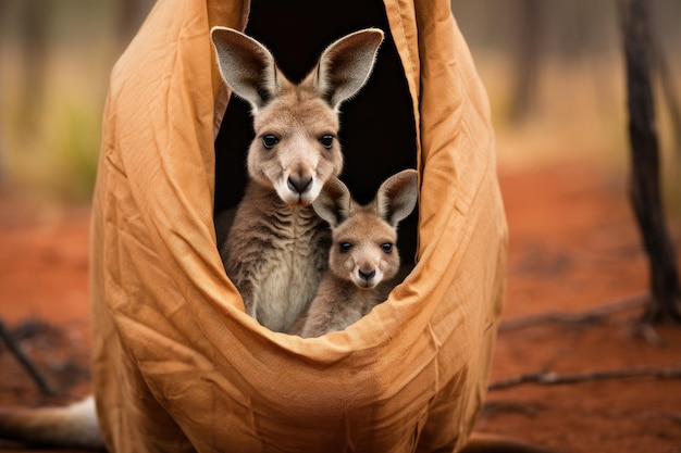 Foto una imagen conmovedora de un canguro y su bebé disfrutando de una experiencia de acampada dentro de una tienda de campaña un canguro con un joey dentro de su bolsa en el interior de australia generado por ia