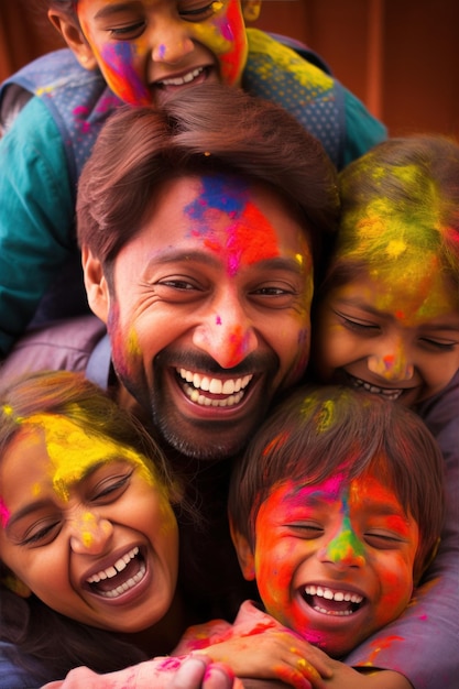 Foto una imagen conmovedora que muestra a una familia disfrutando de holi juntos con sonrisas y risas a su alrededor
