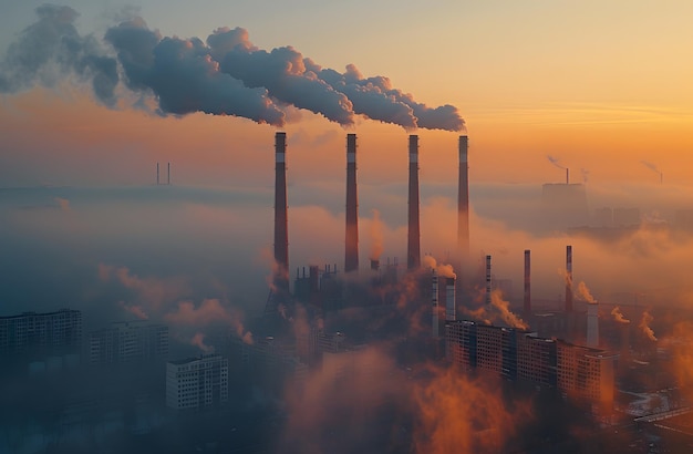 Foto imagen de contaminación atmosférica con humo proveniente de una chimenea industrial en el fondo potente representación de la destrucción ambiental global muestra el impacto en la salud humana y el clima del mundo