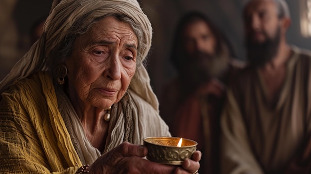 Foto una imagen contemplativa de la viuda ofreciendo su última moneda en el templo