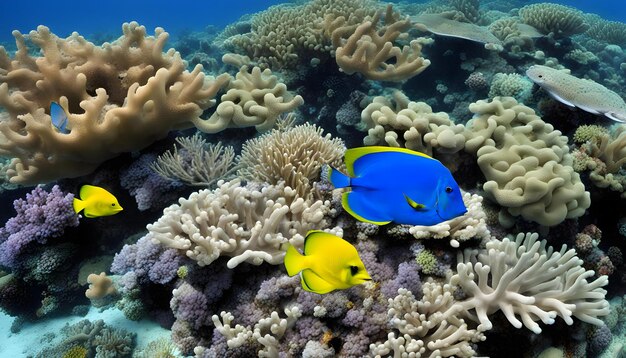 una imagen de un coral con un pez azul y algunos corales