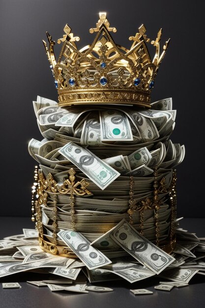 Foto una imagen de una corona en la parte superior de una pila de dinero intrincadamente diseñado tiene que ser i atrapar intrincado