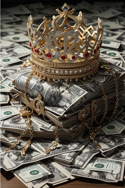 Foto una imagen de una corona en la parte superior de una pila de dinero intrincadamente diseñado tiene que ser i atrapar intrincado