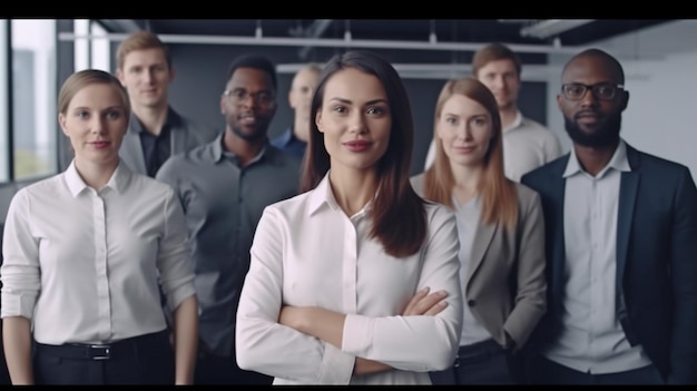 Imagen corporativa IA generativa exitosa sonriente feliz equipo de empleados variados de pie en la oficina