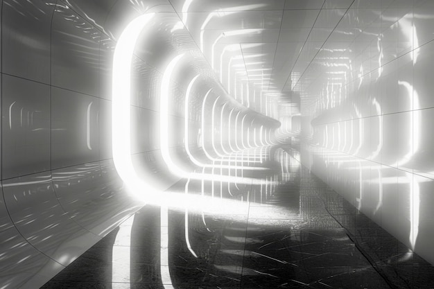 Imagen de un corredor futurista con luces brillantes y reflejos