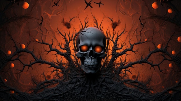 una imagen de un cráneo de Halloween con ojos naranjas
