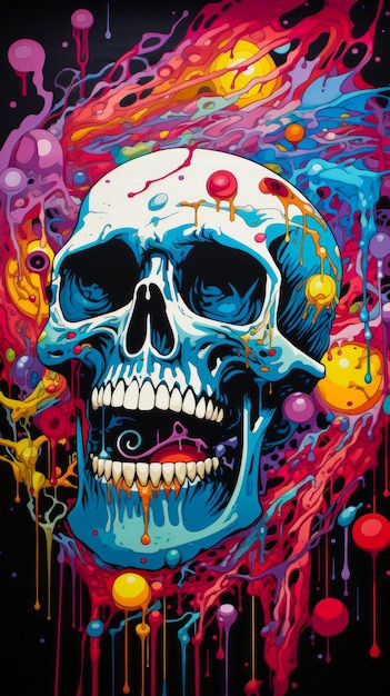 Imagen de cráneo con salpicaduras de pintura de colores IA generativa