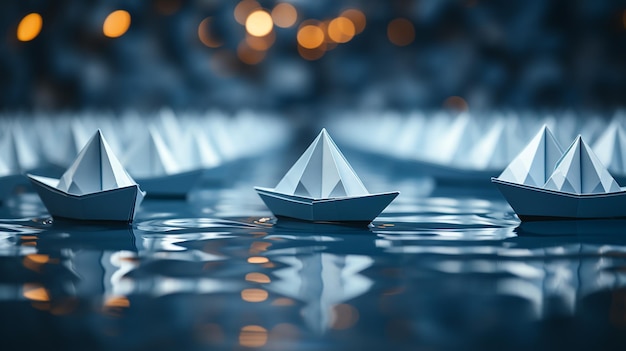 Imagen creativa de barcos de origami blancos colocados detrás de un barco de papel azul que representa el concepto de liderazgo