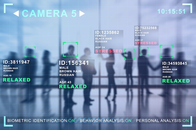 Imagen creativa de empresarios en el interior de la oficina borrosa con cámara cctv interfaz de reconocimiento facial Escaneo biométrico y concepto de seguridad Doble exposición