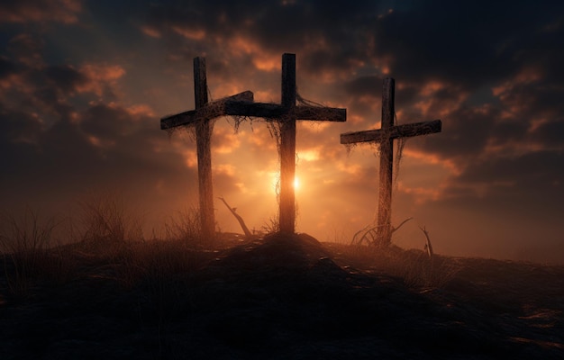 Imagen de una cruz en la cima de una colina con un rayo de sol de una hermosa puesta de sol