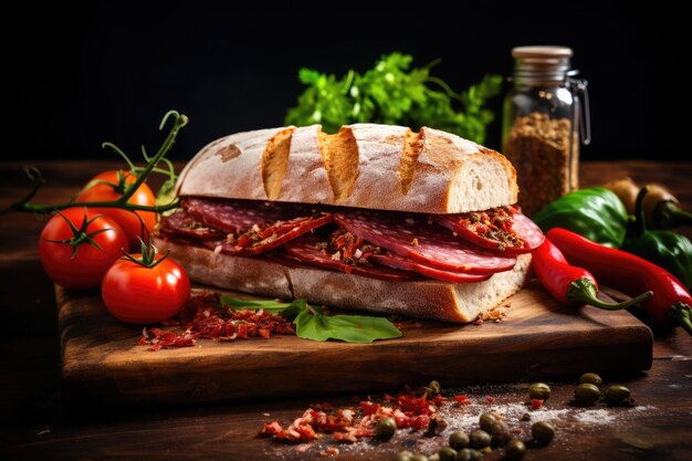 Foto imagen cuadrada de sándwich de salami en rodajas con salchichas, pan fresco, ajo y pimientos rojos ardientes