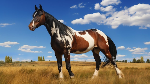 Imagen de cuerpo completo de un caballo de pintura de pie con gracia en un campo bajo el cielo azul