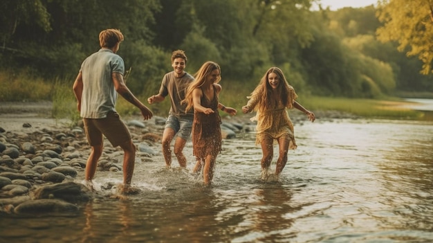 Imagen de cuerpo entero de personas divirtiéndose en el río con un joven jovial tirando de una mujer al agua IA generativa