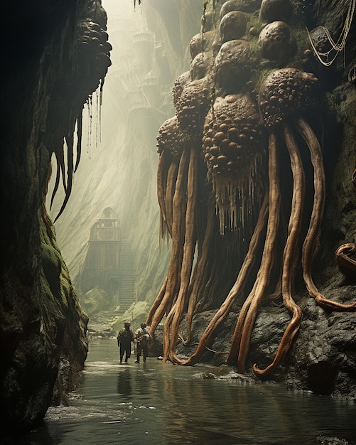 una imagen de una cueva con un pulpo gigante en el medio.