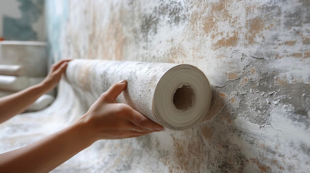 Foto una imagen de un cuidadosamente medido y un pedazo de papel tapiz que se sostiene contra una pared listo para