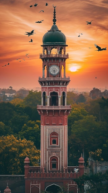 Foto una imagen de la cúpula y una torre de reloj en una mezquita al atardecer o al amanecer la torre de reloje más alta