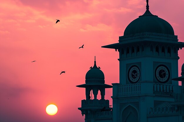 Una imagen de la cúpula y una torre de reloj en una mezquita al atardecer o al amanecer la torre de reloje más alta