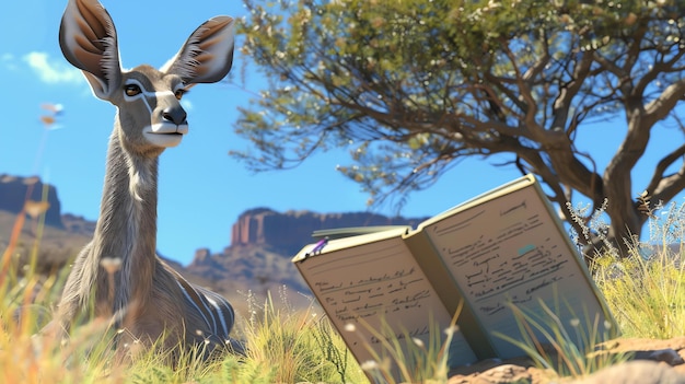 Foto imagen de un curioso kudu de pie en medio de un claro en la sabana africana el kudu está mirando un libro abierto que está tendido en el suelo