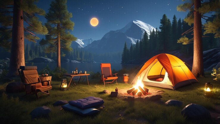 La imagen debe representar un campamento sereno y pintoresco situado en un bosque exuberante