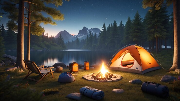 La imagen debe representar un campamento sereno y pintoresco situado en un bosque exuberante