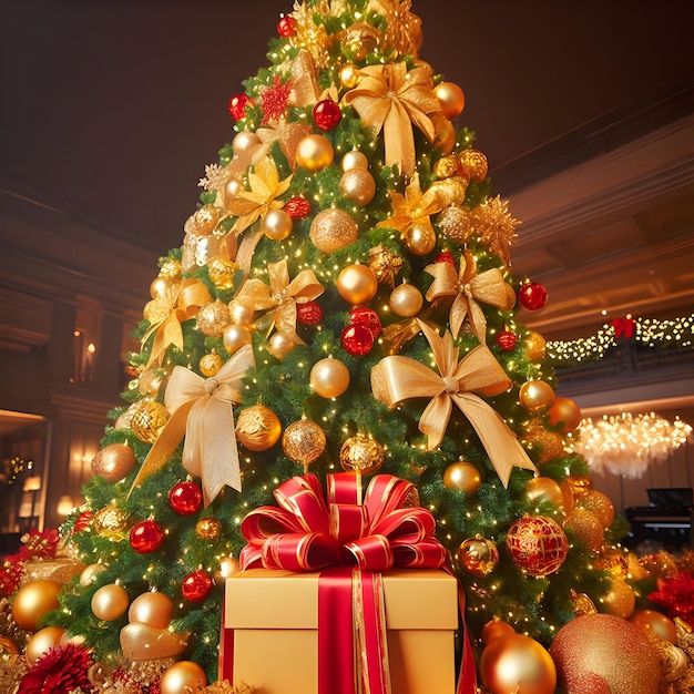 Imagen de la decoración del gran árbol de Navidad con caja de regalo dorada con cinta roja