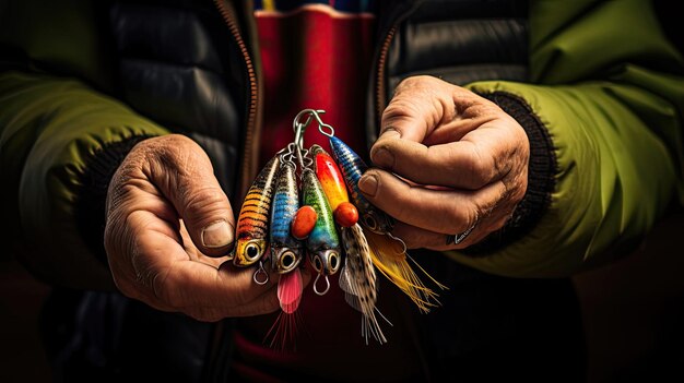 Imagen de los dedos de un pescador agarrando con cuidado un señuelo de pesca cautivador y colorido, un símbolo de paciencia y habilidad en la búsqueda de tesoros submarinos Generado por IA