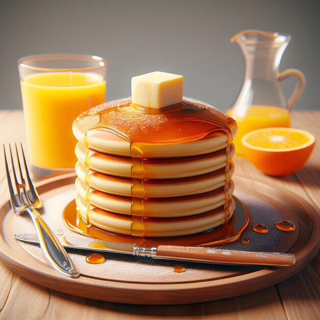 Imagen de un delicioso desayuno de panqueques esponjosos apilados en un plato con jarabe de oro