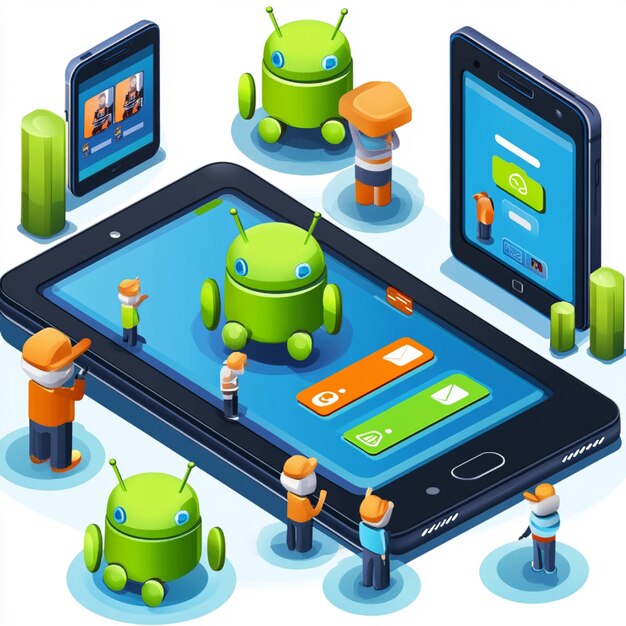 Una imagen de un desarrollador probando una aplicación Android en varios modelos de teléfonos inteligentes y tabletas