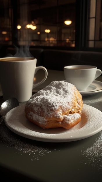 imagen de un desayuno con dulce de azúcar en polvo y leche IA generativa