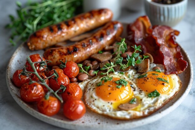 imagen de desayuno inglés con huevos tomates tocino frijoles setas y salchichas