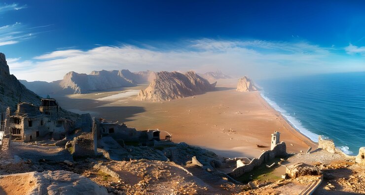una imagen de un desierto con un edificio en la parte superior de ella