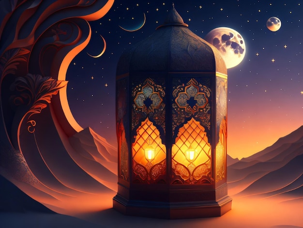 Una imagen de un desierto con una lámpara y la luna al fondo.