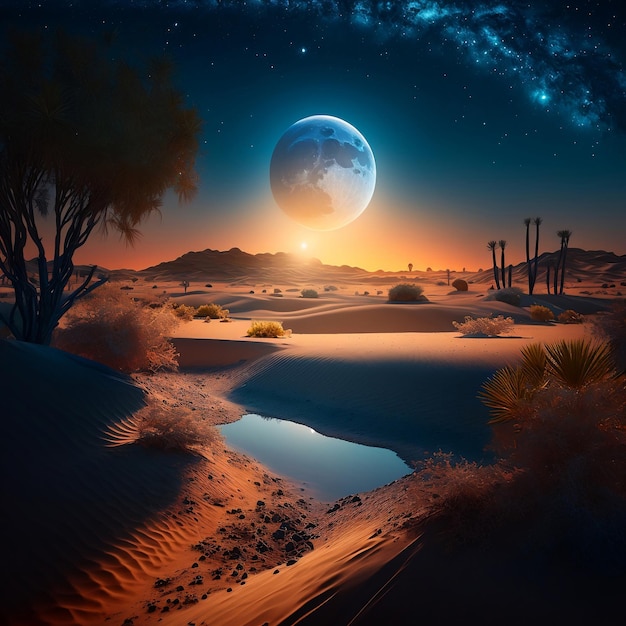 Una imagen de un desierto con una luna y estrellas en el cielo.