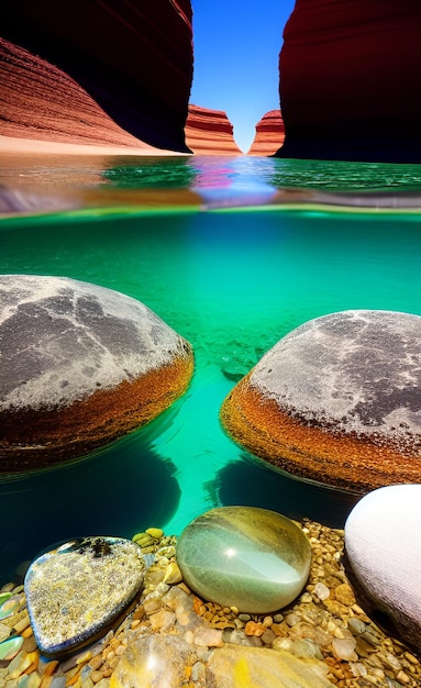 Una imagen de un desierto con rocas y una gota de agua